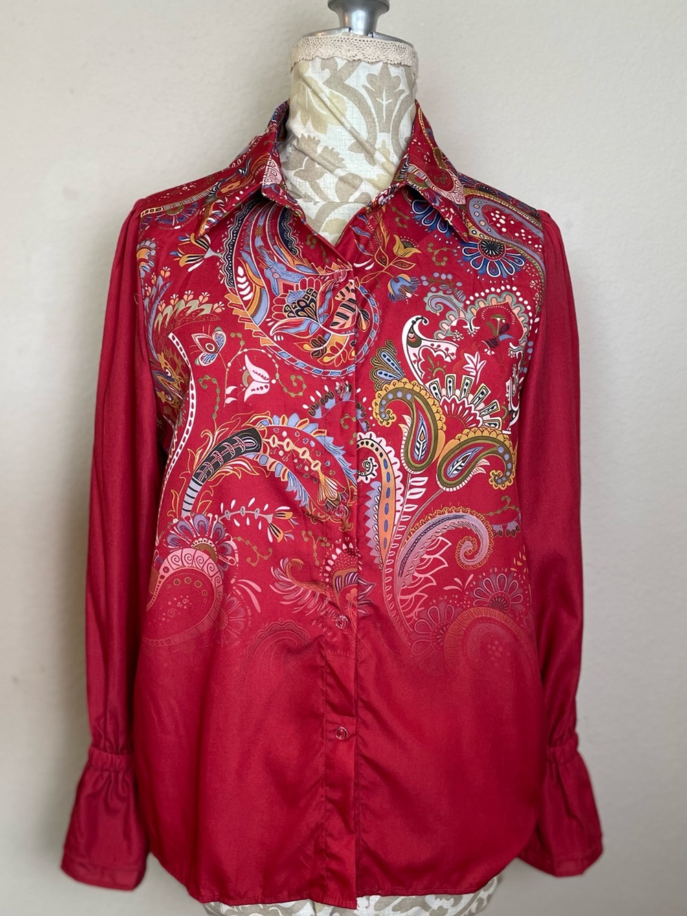 Womens Red Multi Color Paisley Western Style Button Up Blouse Flare Sleeve - Lrg